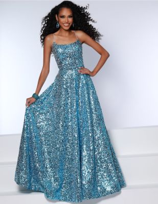 2 cute aquas blue multi sequined a line ball gown prom dress, spaghetti strap, natural waistline