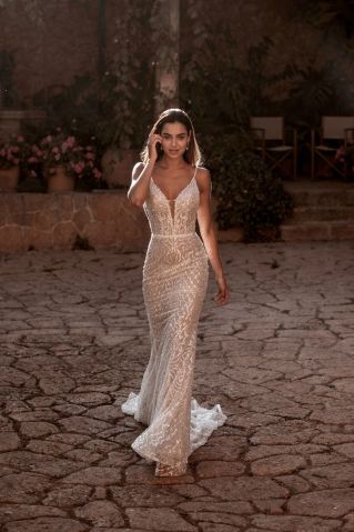 Abella by Allure Giselle wedding dress sheath gown, plunging v-neck, sheer gown, glitter and sparkle sequins