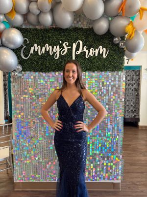 emerald green Envy by Emmy's sexy fitted jersey prom dress with beaded lace bodice accents lace up back slit in front