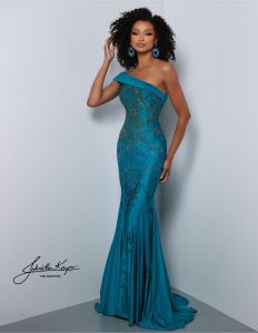 Johnathan Kayne 2872 sexy asymetrical neckline, patterned hot stone detail on stretch lycra sheath prom dress