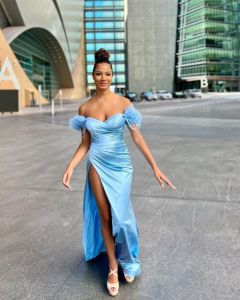 Vienna Prom powder blue wrapped sexy slit prom dress with ruffles shoulders