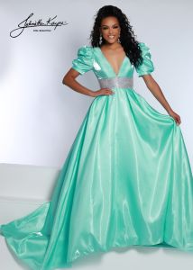 JohnathaN kAYNE 2692 SHORT PUFF SLEEVES DEEP V NEXK BEADED WAIST ALINE BALLGOWN PROM DRESS