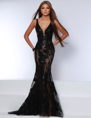 sexy black 2 Cute fit and flare prom dress with nude lining unique sheer lower skirt tank straps plunging V neckline