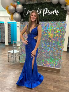 Portia and Scarlett PS24050X NAVY jersey plunging neckline high slit sexy prom dress unique exclusive
