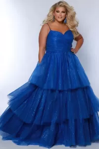 royal blue ball gown large ruffled tiered ball gown skirt spaghetti straps prom dress plus size Curvy It girl near me