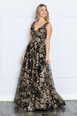 Envy by Emmy's unique prom dress gold floral pattern on black netting a-line ball gown deep v front and back